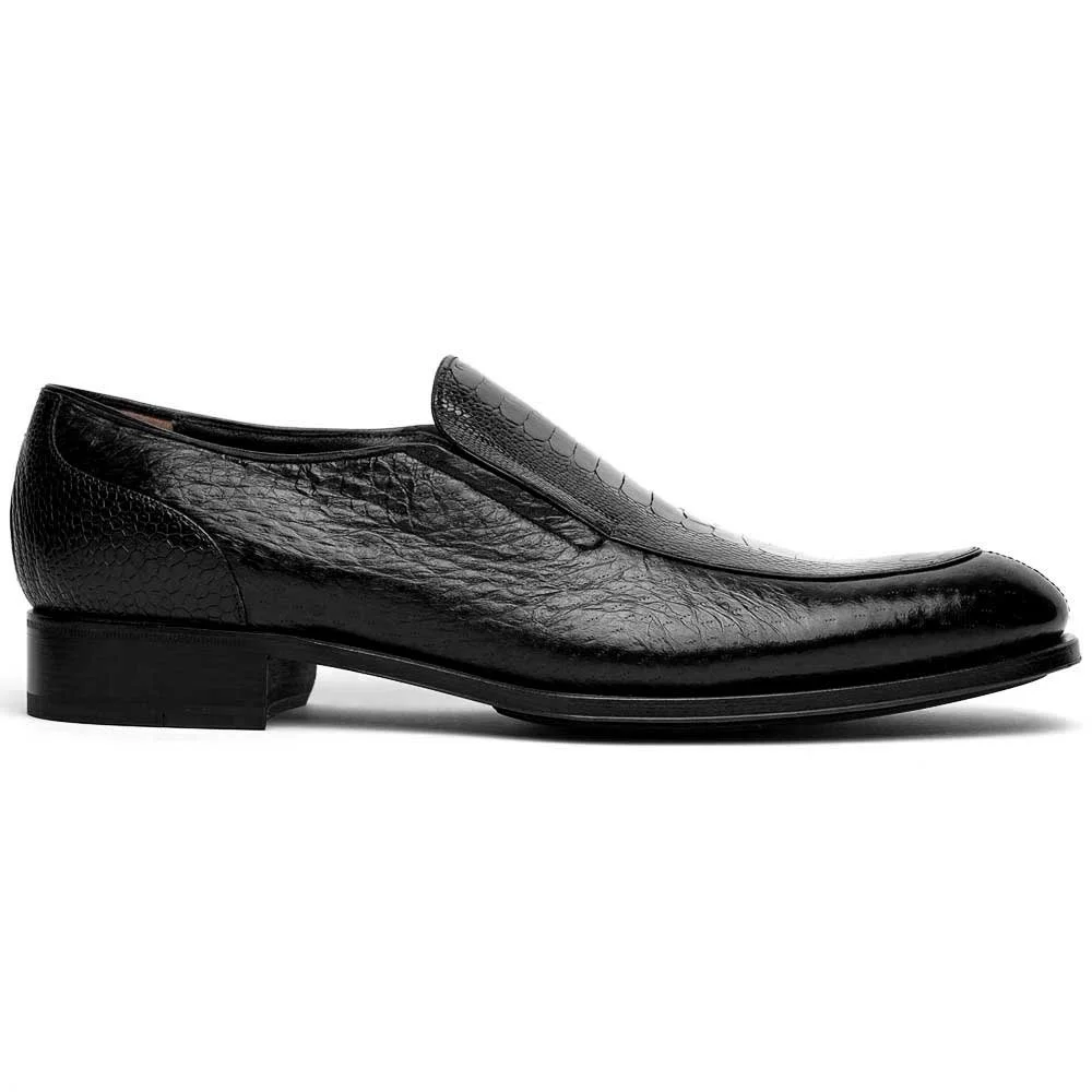 3324 Black Exotic Ostrich / Peccary Slip-On Loafers