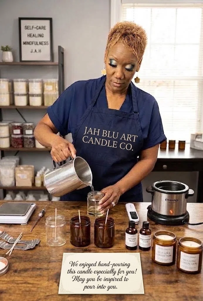 Woman pouring melted candle wax into glass jars, surrounded by candle-making supplies, with a sign in the background reading 'Self-Care, Healing, Mindfulness, HAND POURED CANDLES