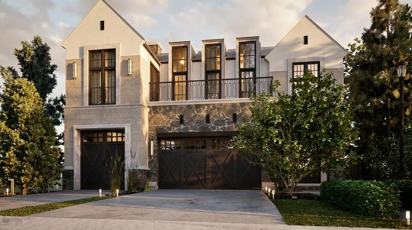 Front view of elegant two story home.