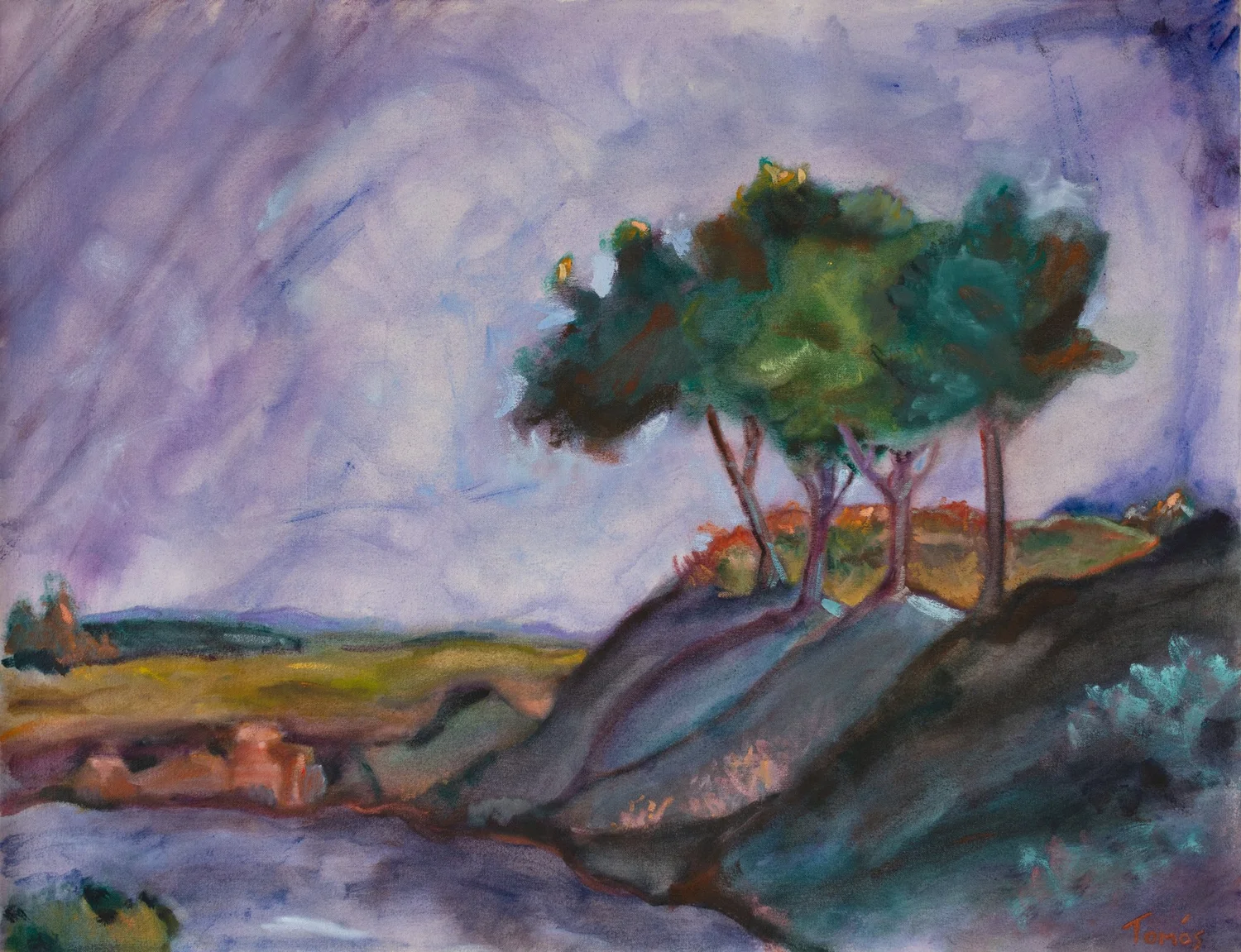 When I Close My Eyes: a painted landscape with lavender hills and green trees