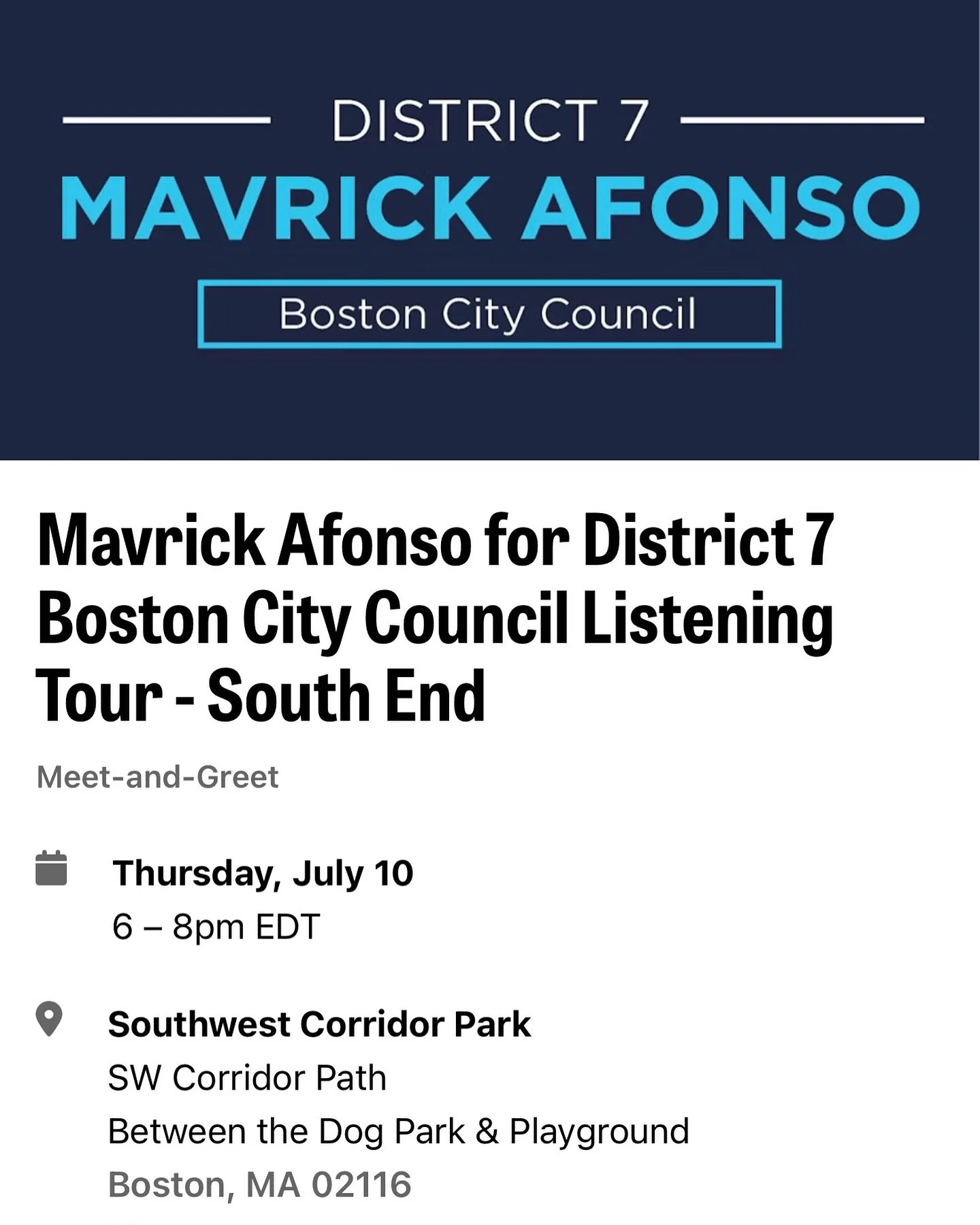 Join me on Thursday, July 10 for the official launch of my District 7 Listening Tour in the South End. We’ll be meeting at Southwest Corridor Park, right between the dog park and kids playground, for an open, community-centered conversation abo