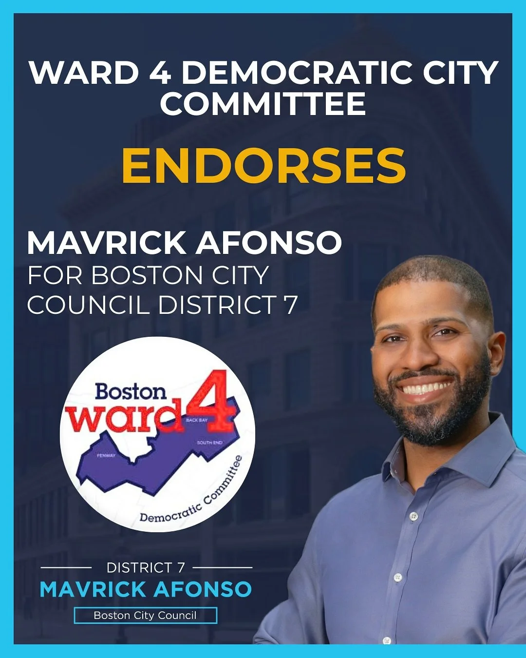 Thank you to the Ward 4 Democratic Committee for your endorsement!
I’m honored to have the support of this grassroots-powered committee working to advance progressive values in the South End and across Boston.
#imwithmavrick #togetherwethri