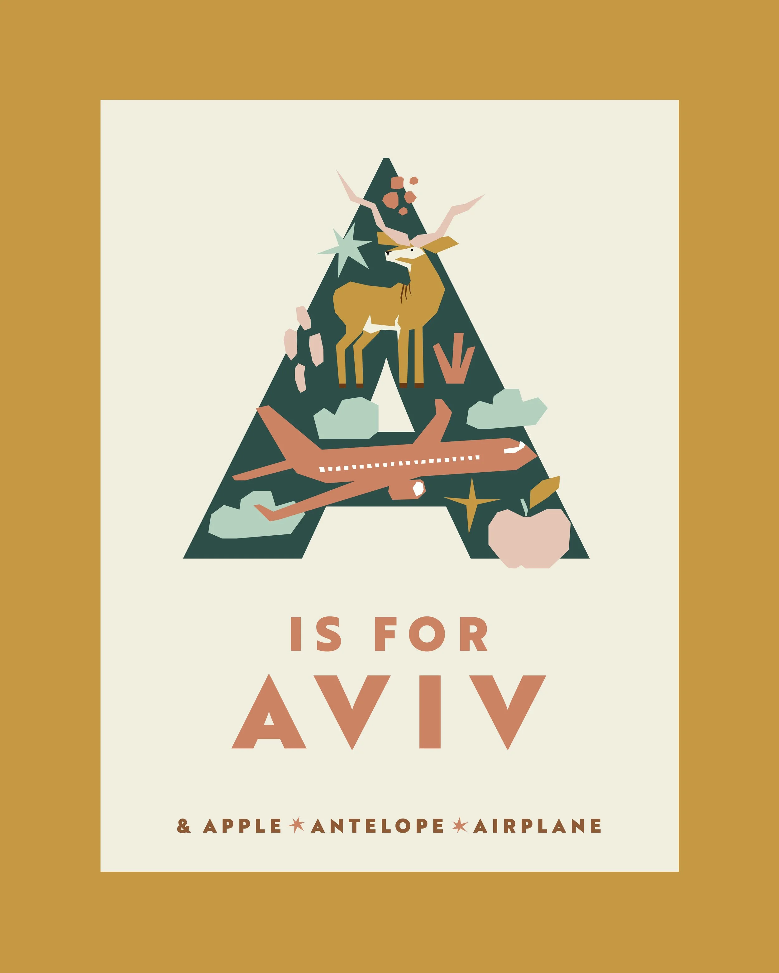 Illustration of a mountain with a star, an antelope, a paper airplane, and some clouds. Text reads 'A is for Aviv' and '& Apple Antelope Airplane'.
