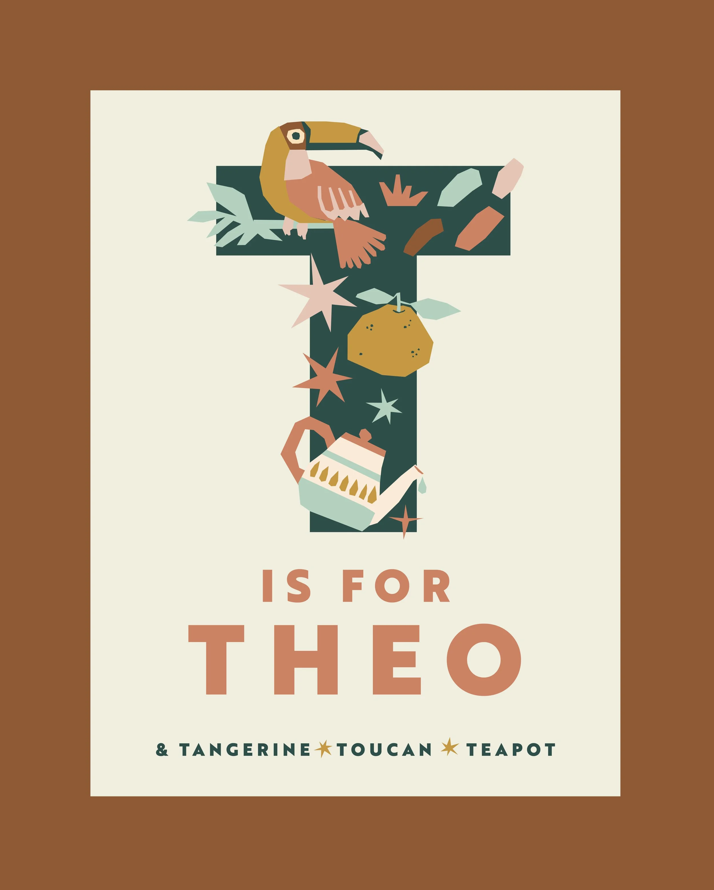 Illustration of a letter T with a toucan, tangerine, teapot, and various objects, with the text 'T is for Theo and Tangerine Toucan Teapot'