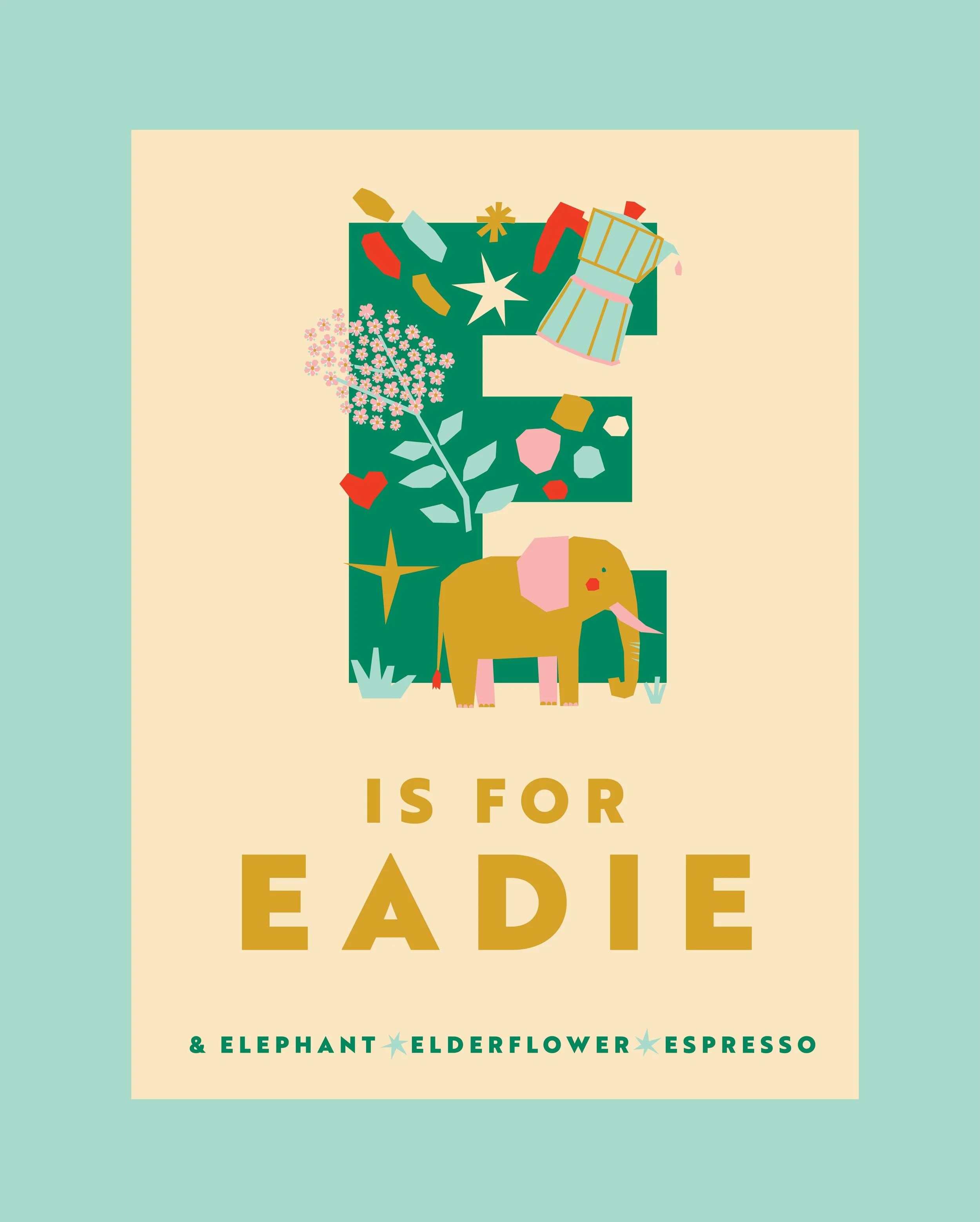 Illustrated letter E decorated with an elephant, elderflower, and espresso beans, with the text 'E is for Elephant, Elderflower, Espresso.'