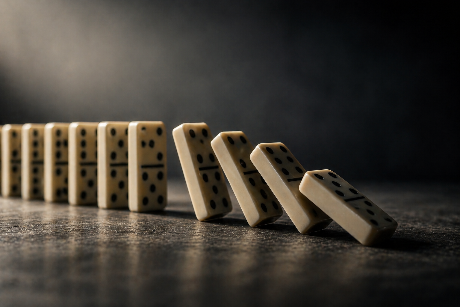 A row of dominoes on a dark surface, slightly tilted as if about to fall, symbolizing a chain reaction just beginning