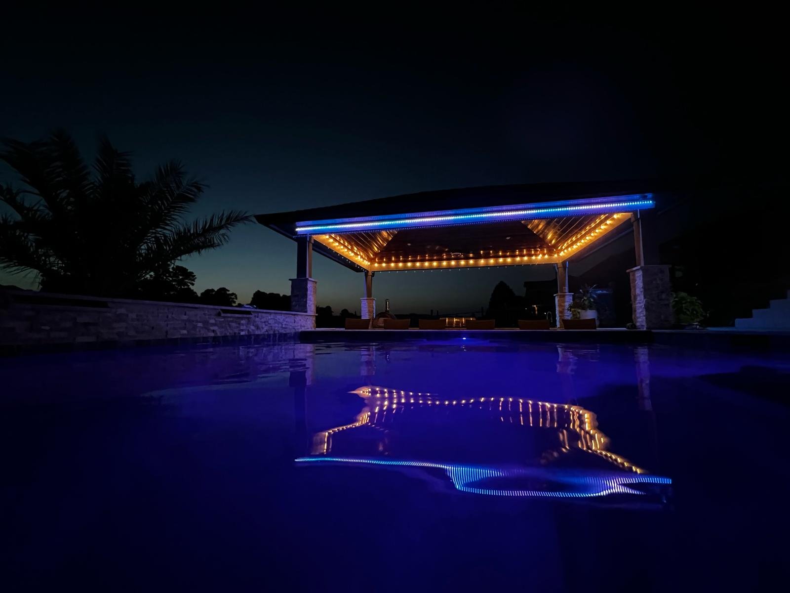 Custom lights in the pavilion!  They set whatever mood your heart desires!  Sync to your playlist for a pool party - check!  Sync to the pavilion TV to enhance your game day experience - check!  