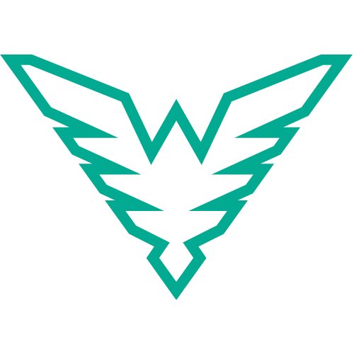 A stylized bird with outstretched wings and a prominent 'W' in the center, in teal outline.