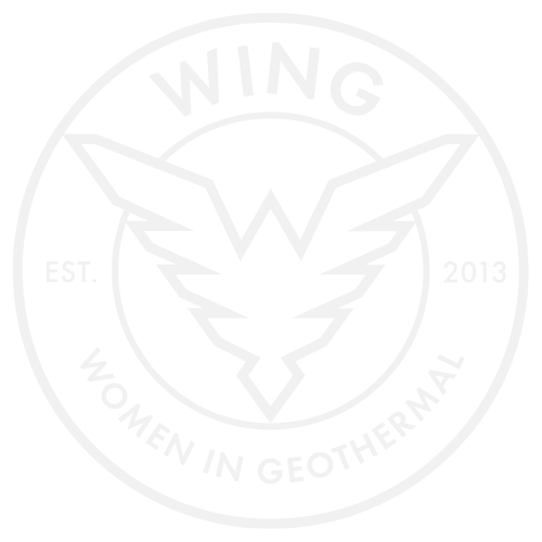 Logo for Women in Geothermal featuring a stylized eagle with outstretched wings inside a circle, with the text 'WING' at the top and 'Women in Geothermal' at the bottom, established in 2013.