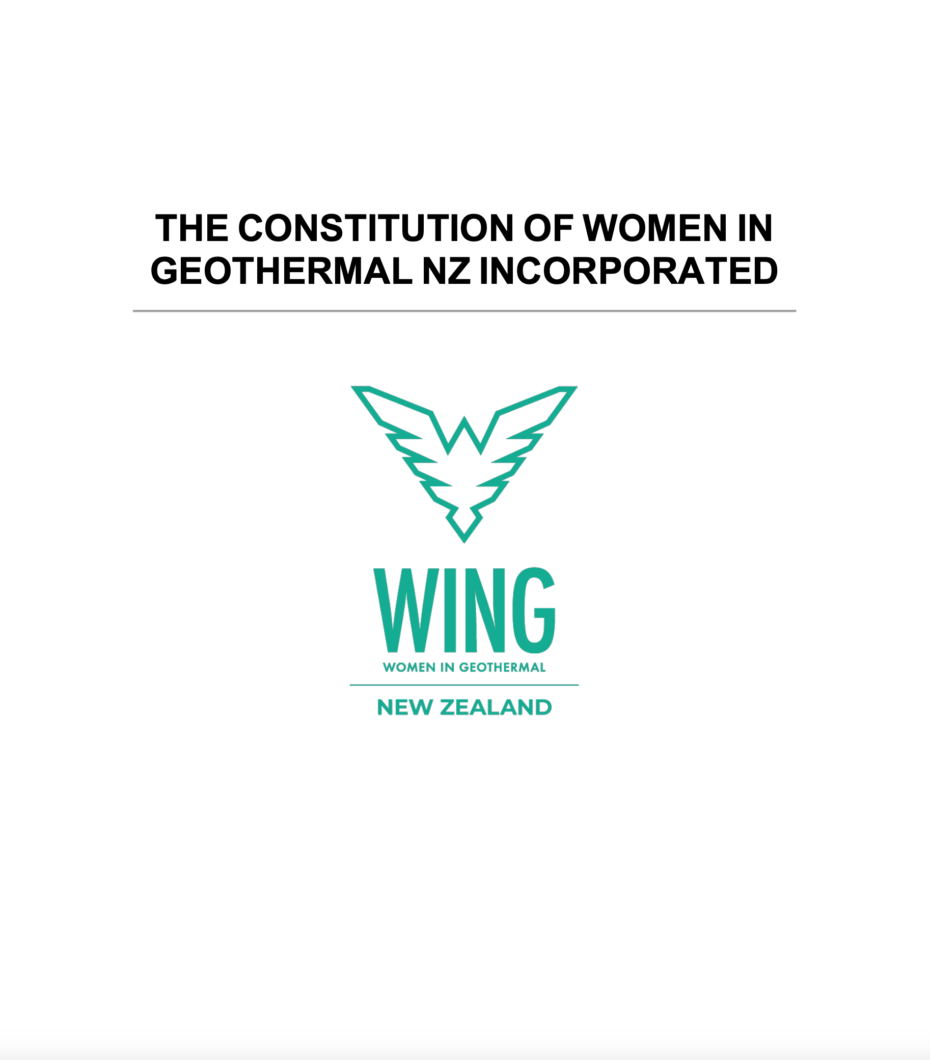 Cover page of a document titled "The Constitution of Women in Geothermal NZ Incorporated," featuring a teal logo of a stylized wing with the word "WING" below, and the subtitle "Women in Geothermal," along with "New Zealand" at the bottom.