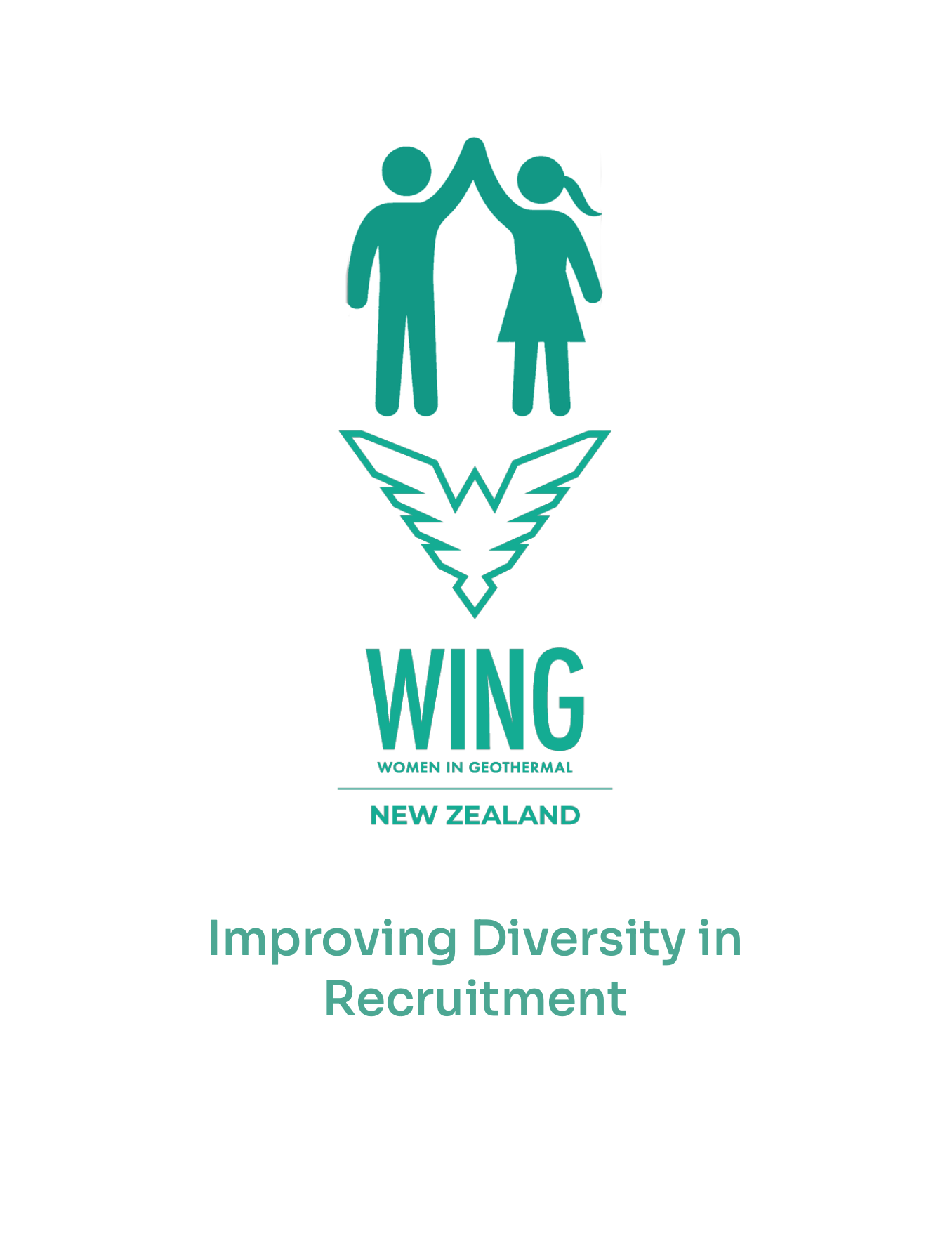Logo for WING Women in Geothermal New Zealand featuring two teal human figures high-fiving, with stylized wings beneath them, and the text 'WING Women in Geothermal New Zealand' and 'Improving Diversity in Recruitment'.