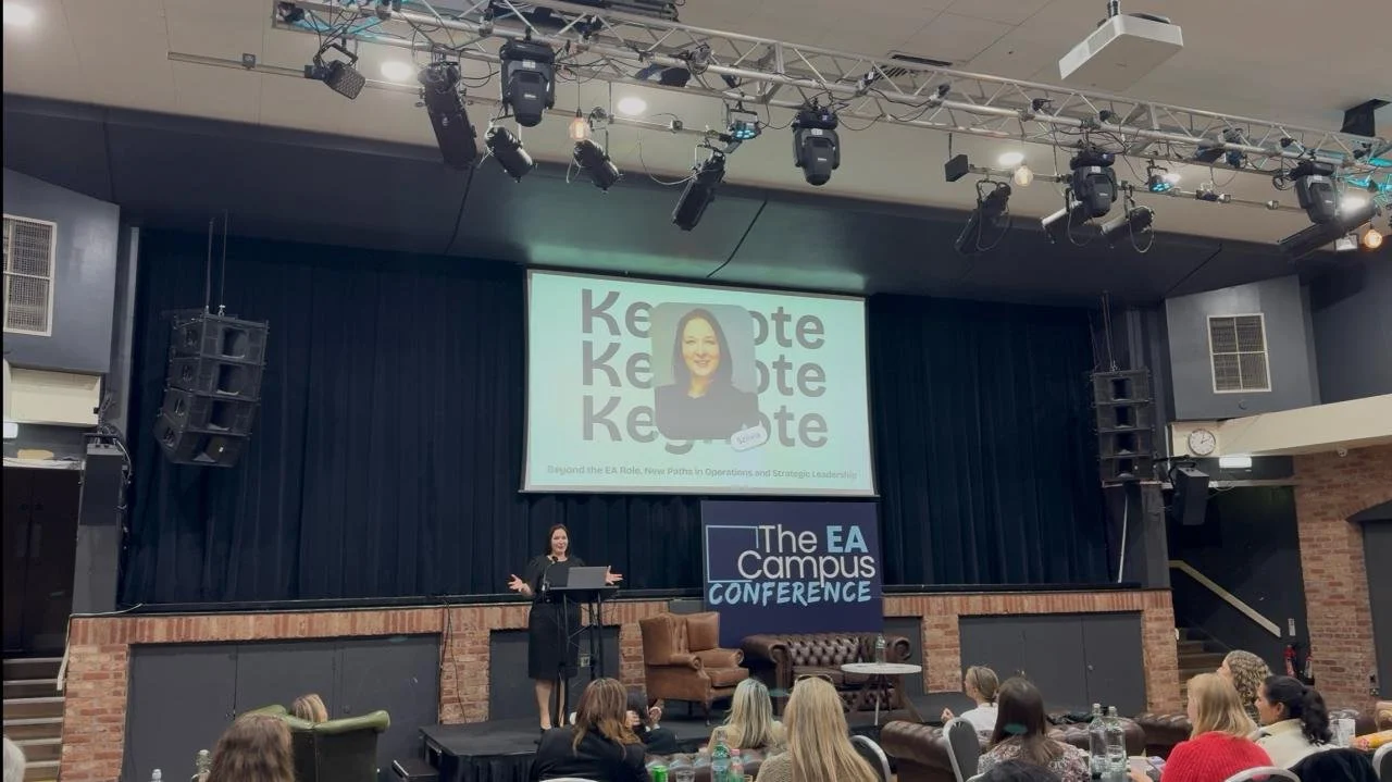 Hybrid keynote to 100+ EA Campus's International Executive Assistants, licensed for their online curriculum for 2026-2027 in April 2026.