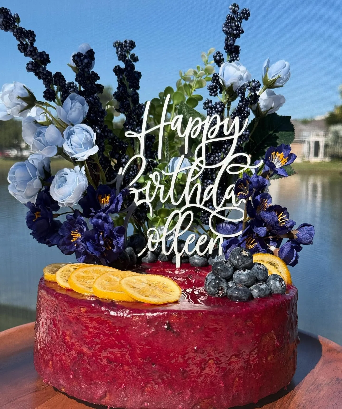 A special cake for my aunt&rsquo;s birthday&hellip; and possibly my favorite design yet! This is my grandma&rsquo;s pound cake recipe with a blueberry lemon glaze - finished with candied lemons and fresh blueberries. I made a mini gluten free/dairy f