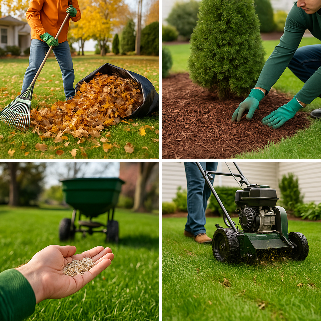 A person raking fallen leaves into a trash bag in a yard, someone planting a small evergreen shrub, a hand holding grass seed with a wheelbarrow in the background, and a person mowing the lawn with a gas-powered mower.