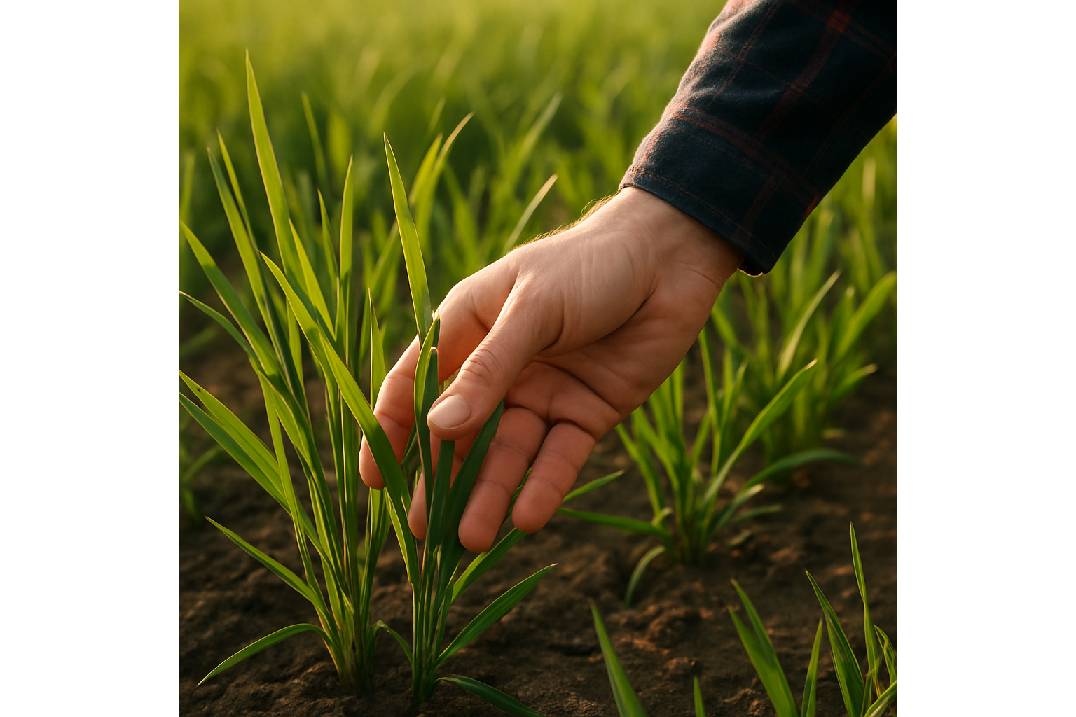 Close-up of a person's hand touching green plants growing in soil, with a blurred background of more plants.