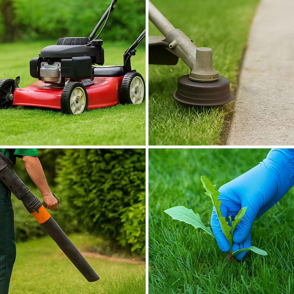 A collage of four images: a lawn mower on grass, a string trimmer edging along a sidewalk, a person using a leaf blower, and a hand wearing a blue glove planting a seedling in the grass.