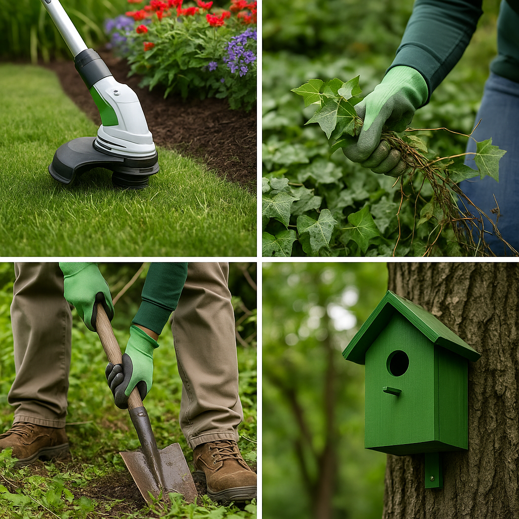 Images depict gardening tools and activities: a string trimmer on the grass, a person planting ivy, a person digging with a shovel, and a green birdhouse mounted on a tree.