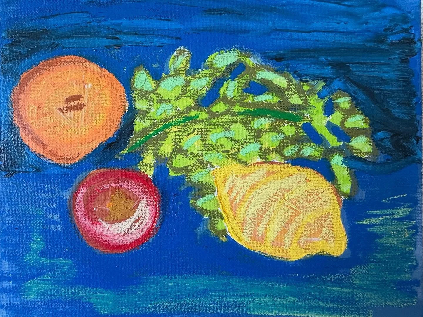 10x12 gouache &amp; oil pastel fruit 🍎🍊🍋🍇