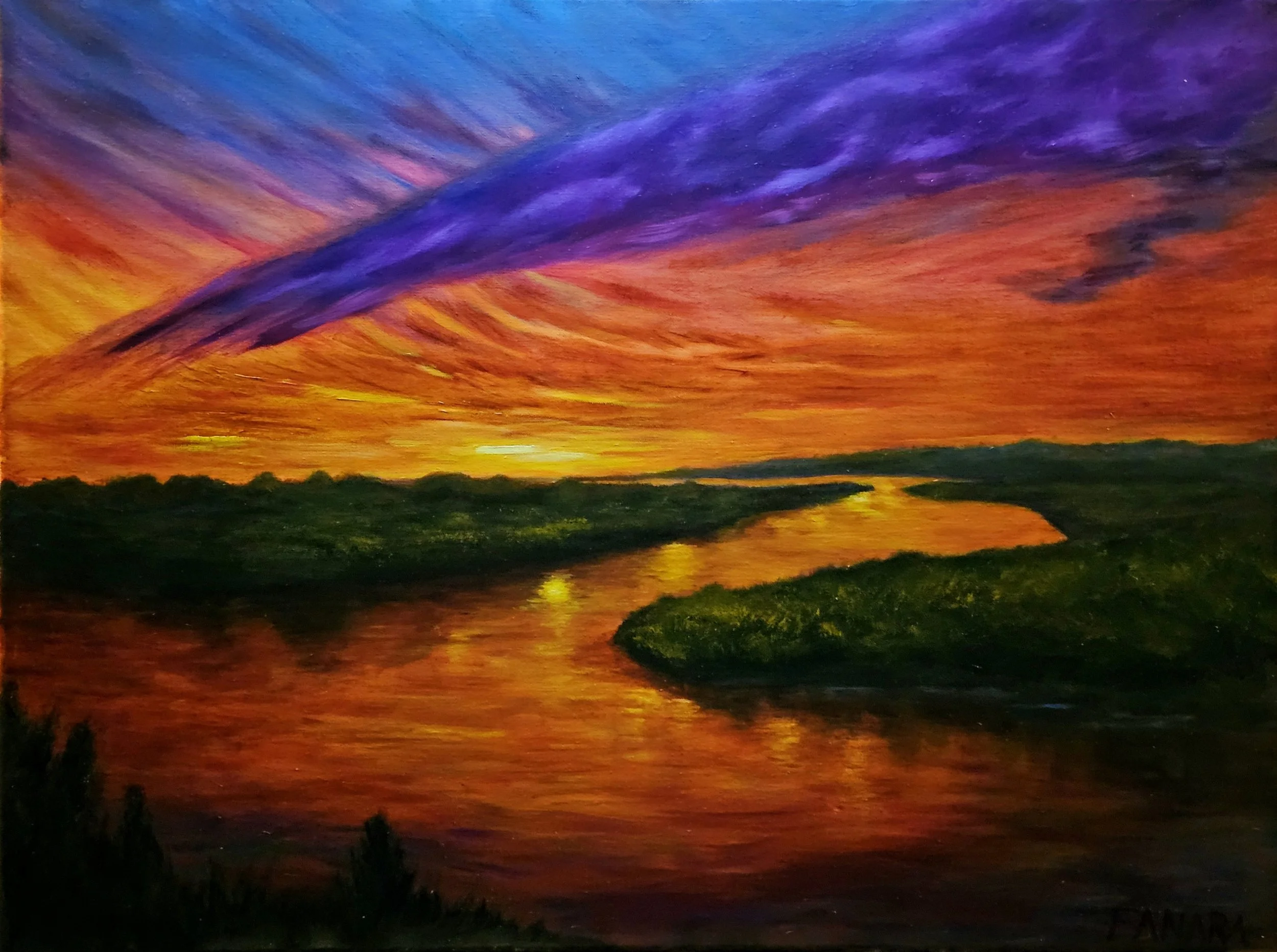 A vibrant sunset over a river with colorful clouds in shades of purple, orange, and yellow, and dark silhouettes of trees along the marsh.