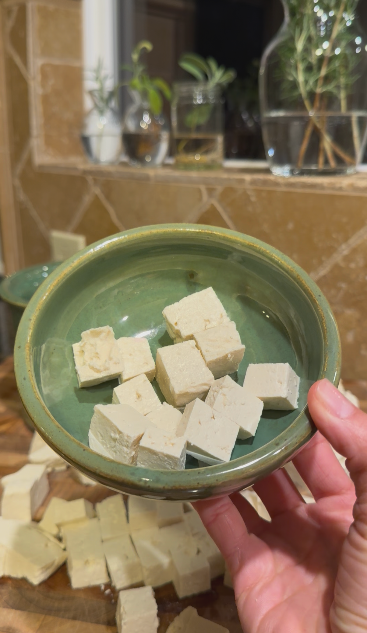 Homemade tofu in a handmade ceramic tofu bowl, part of the Thika Tofu Mold