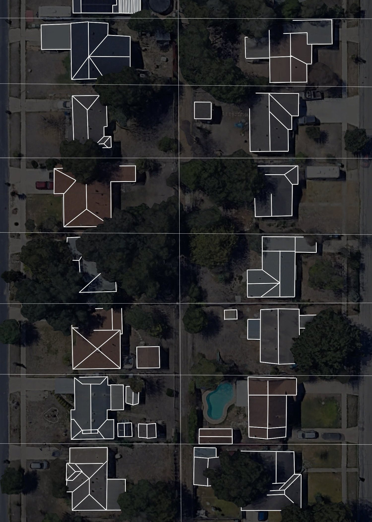 Aerial view of a residential neighborhood with multiple houses, trees, driveways, and a swimming pool, overlaid with outlines indicating the roofs of each house and property boundaries.