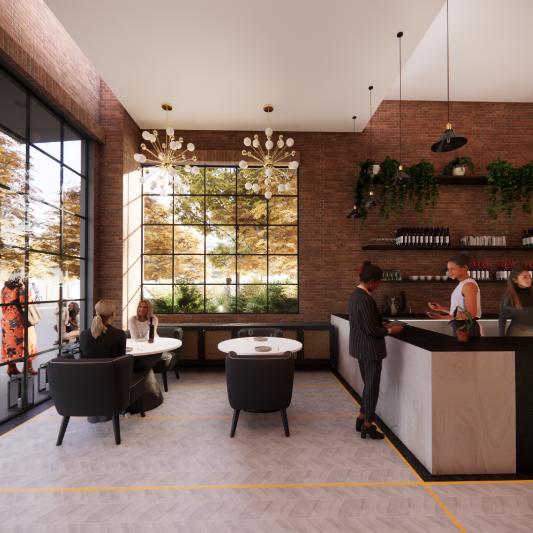 Modern cafe with large window, brick walls, and stylish lighting, featuring a barista ordering service and customers seated at white tables.