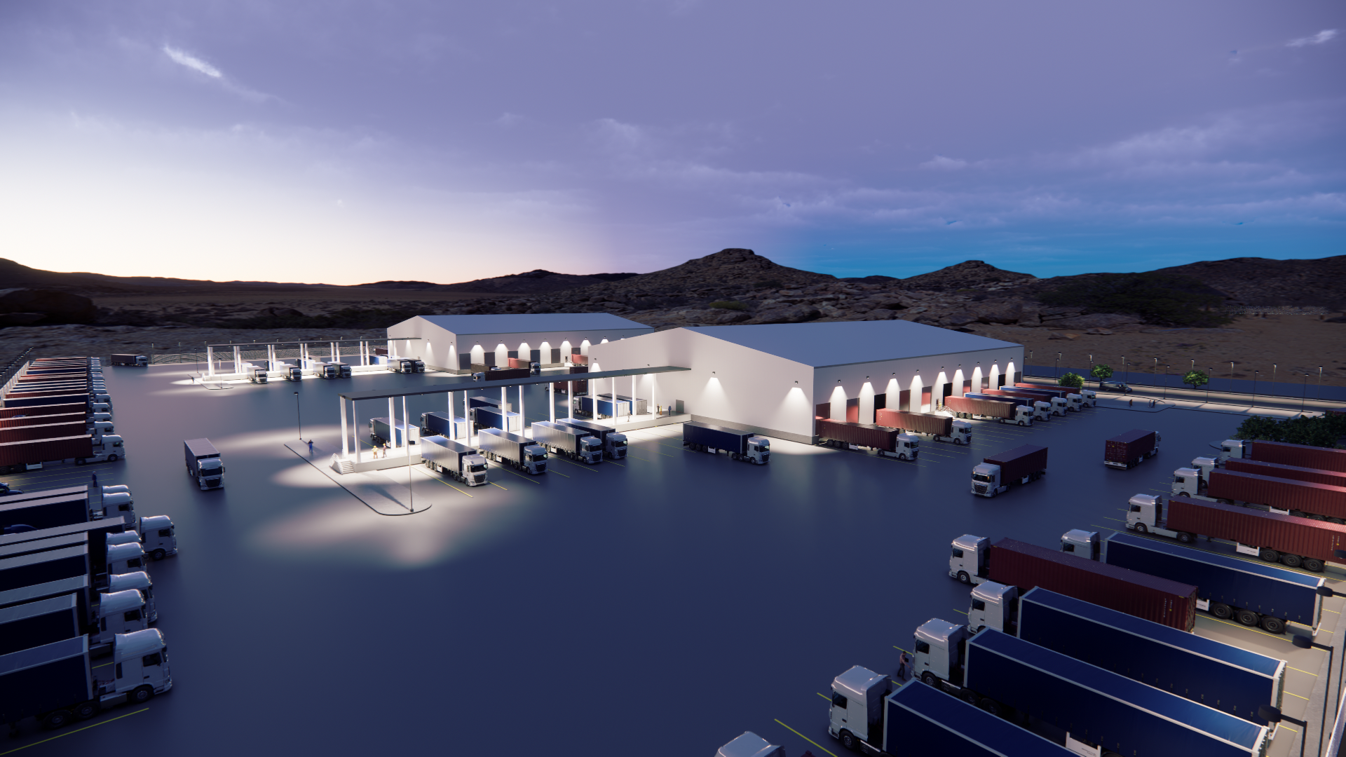 Render of a large distribution warehouse and loading docks with numerous trucks parked, set in a desert landscape at dusk.