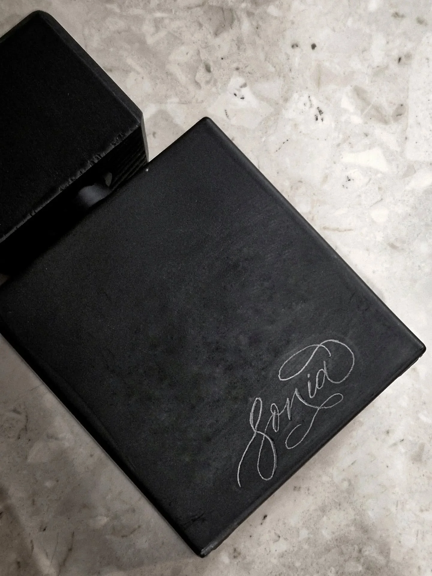 Lavs by Filippo Sorcinelli 🖤 So happy to engrave this incredibly unique perfume. I must admit, I was a bit nervous about the material. No idea what it is (almost like stone or even wood? Anyone know?). But I knew it definitely could not be filled li