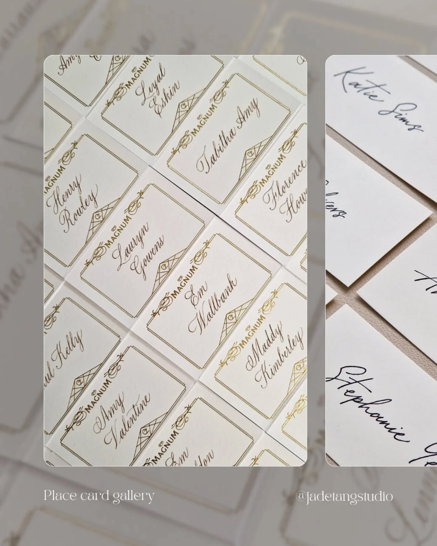 Place card appreciation post 🩷 I honestly love writing each one but here are just a few of my many favourites from the last year. 

Get in touch for bespoke calligraphy for your next event: jade@jadetangstudio.co.uk

#calligraphy #placecards #eventd