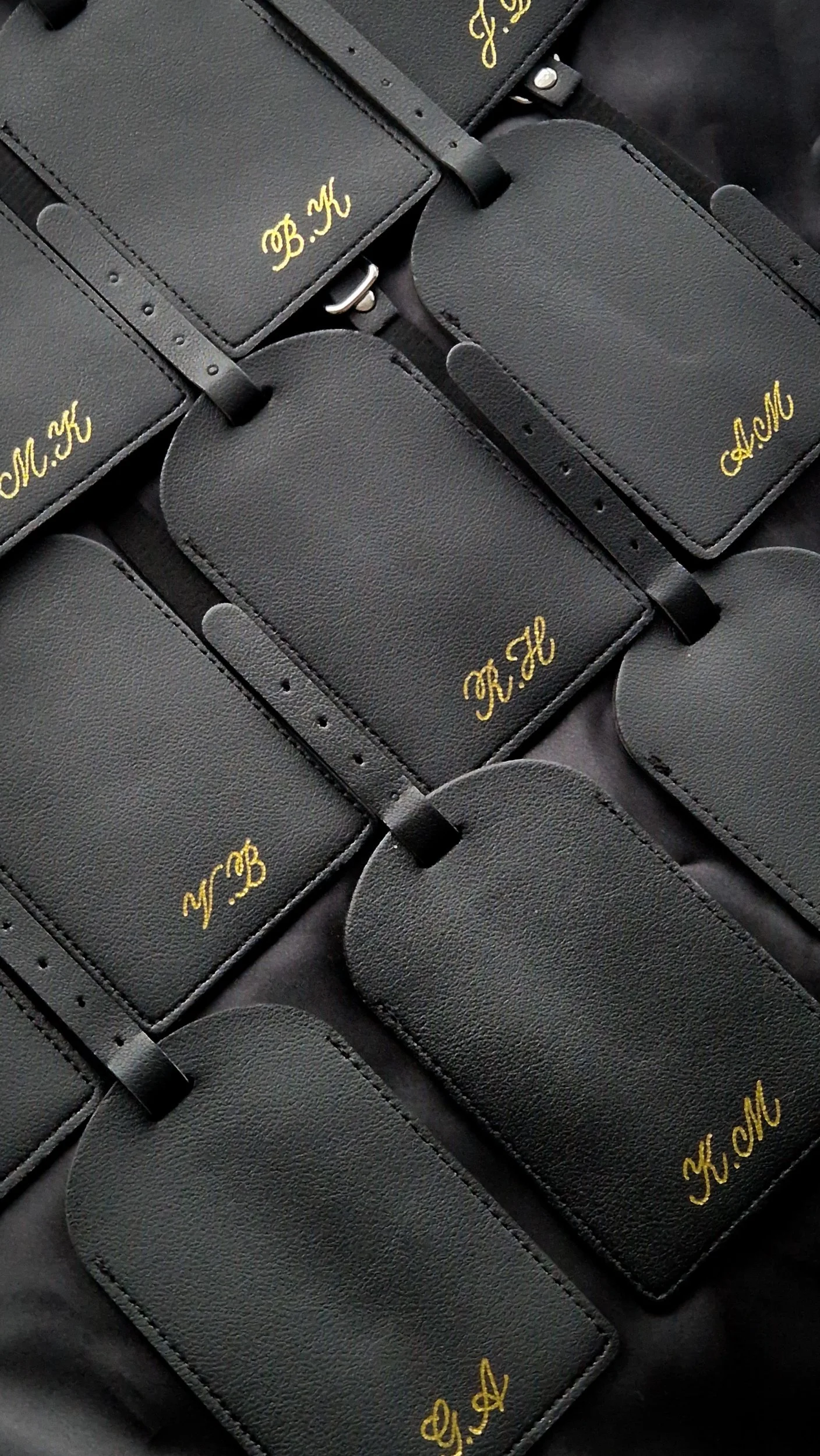 Hot foil leather luggage tags, custom personalisation for F&F Clothing