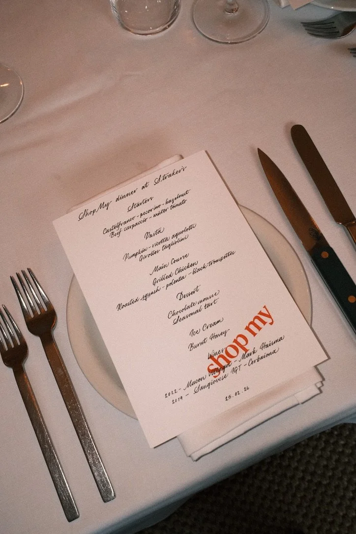 Handwritten calligraphy menus for ShopMy Supper Club event at Straker’s