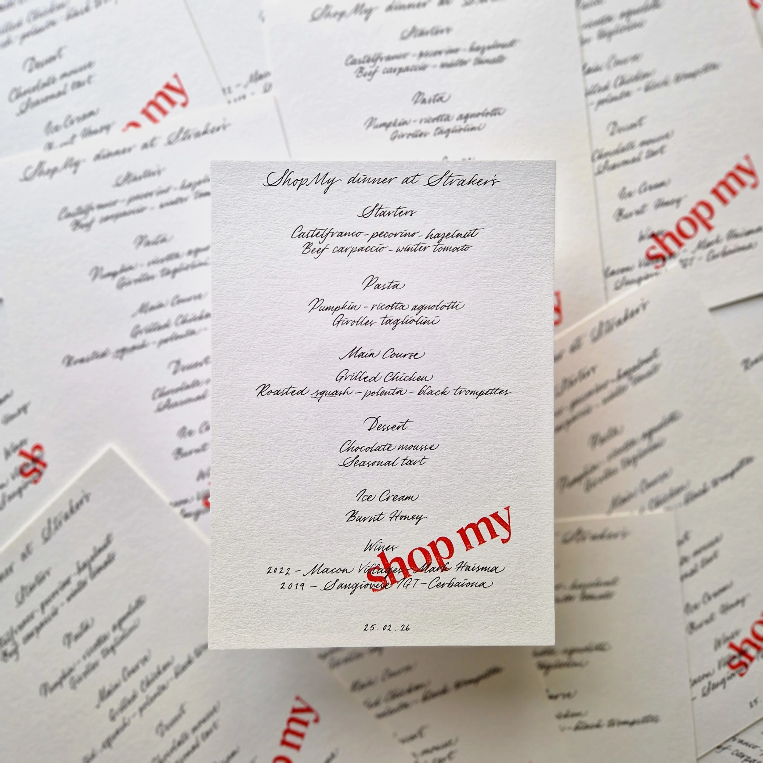 Handwritten calligraphy menus for ShopMy Supper Club event at Straker’s