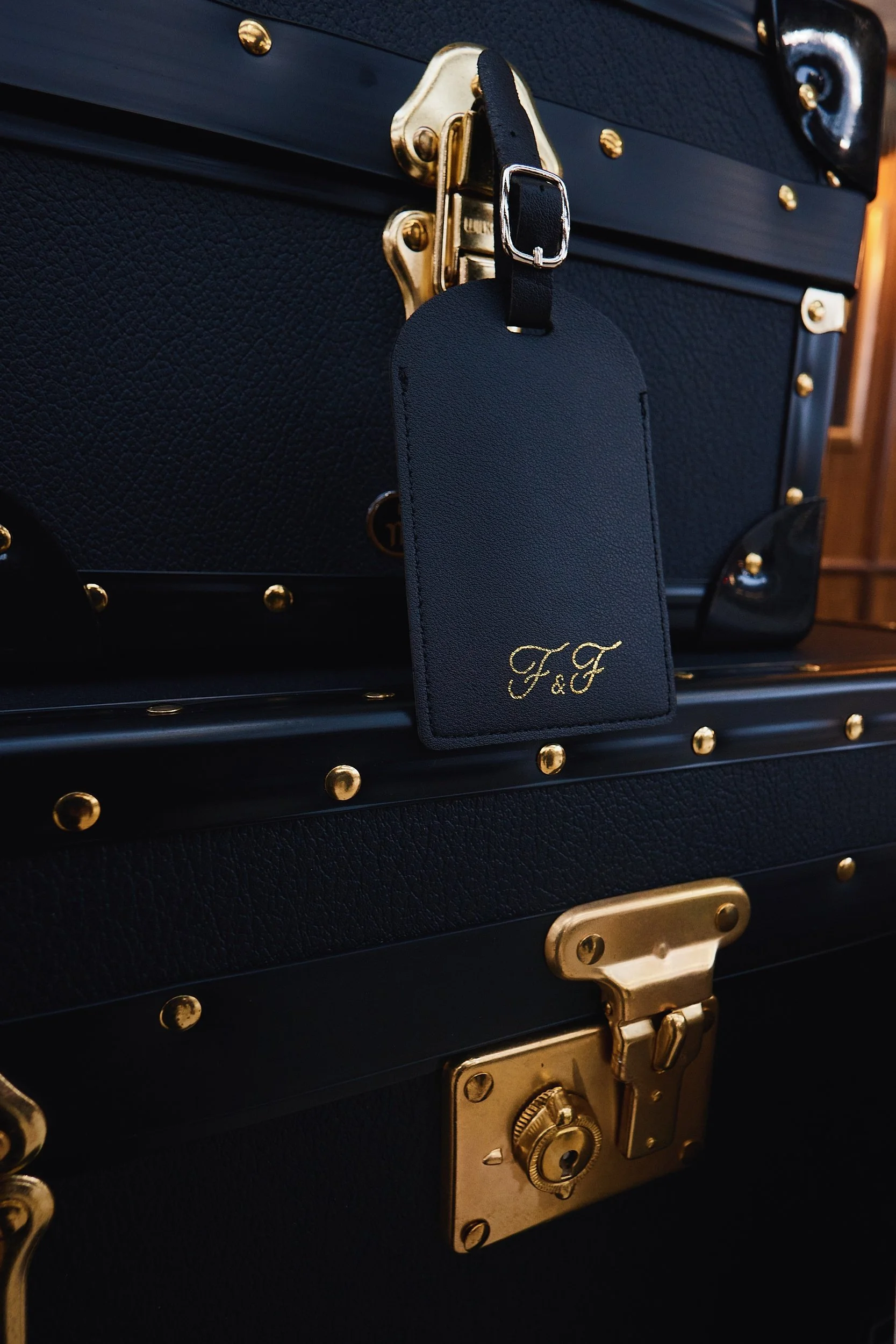 Hot foil leather luggage tags, custom personalisation for F&F Clothing