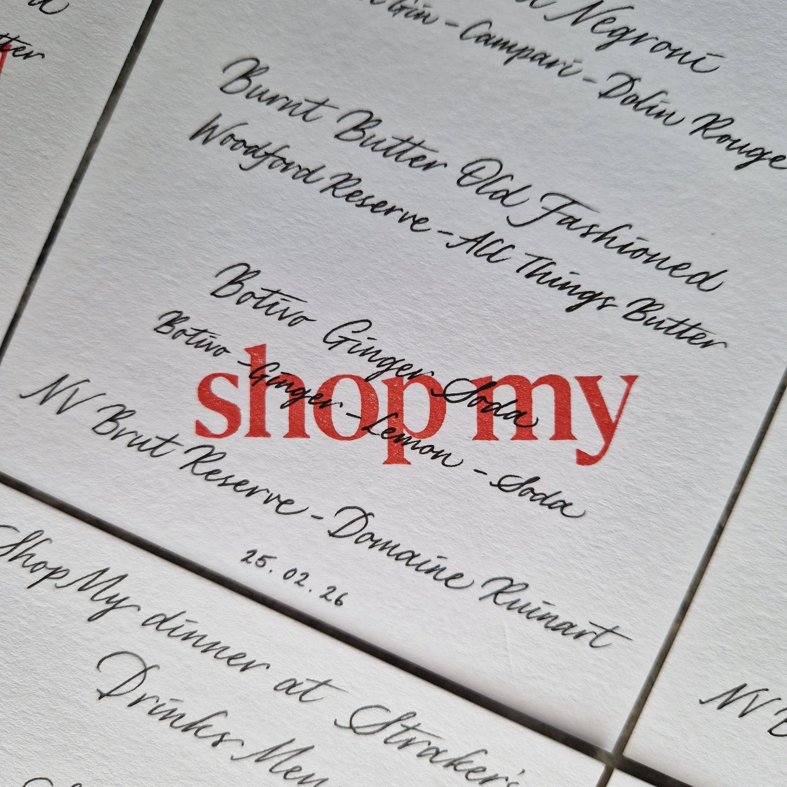 Handwritten calligraphy menus for ShopMy Supper Club event at Straker’s