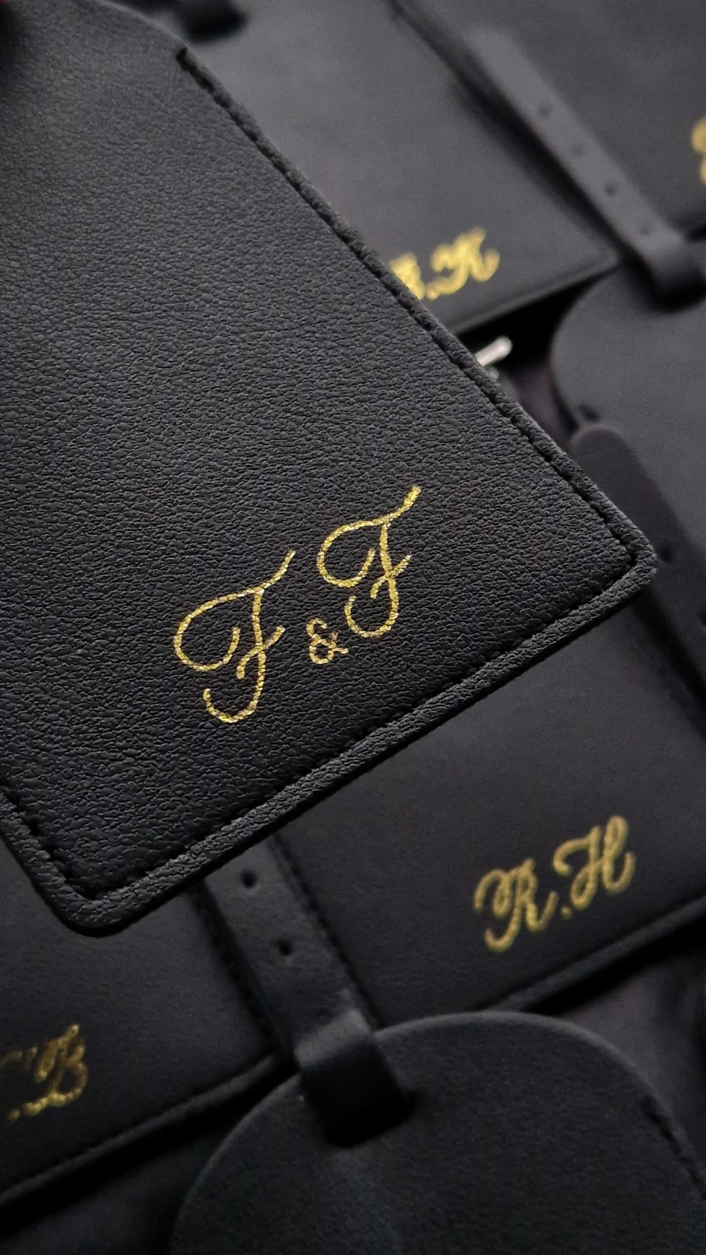Hot foil leather luggage tags, custom personalisation for F&F Clothing