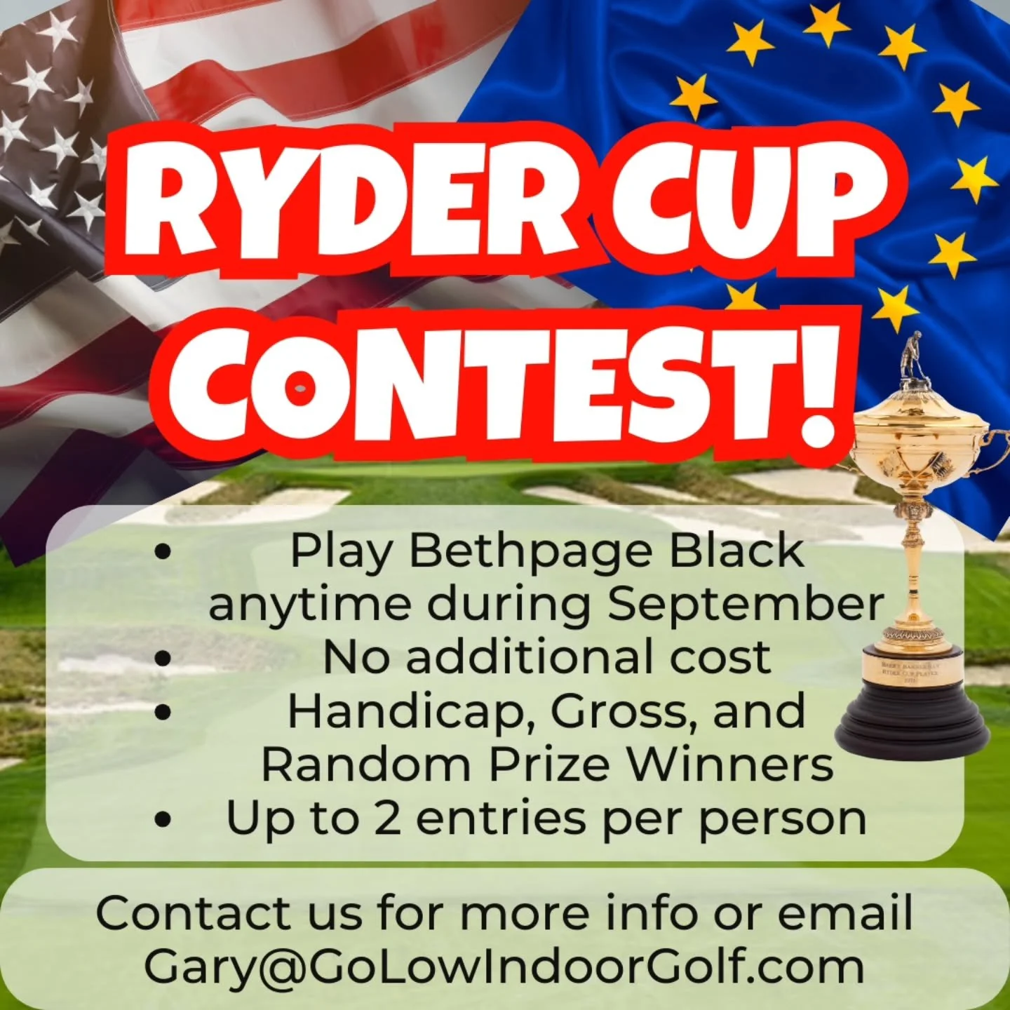 🏆🇺🇸🇪🇺 Ryder Cup Challenge at Go Low Indoor Golf!
Think you&rsquo;ve got what it takes to handle Bethpage Black? ⛳️
Come play the legendary course on our simulators for your shot at prizes, bragging rights, and Ryder Cup glory.

🔹 Play anytime d