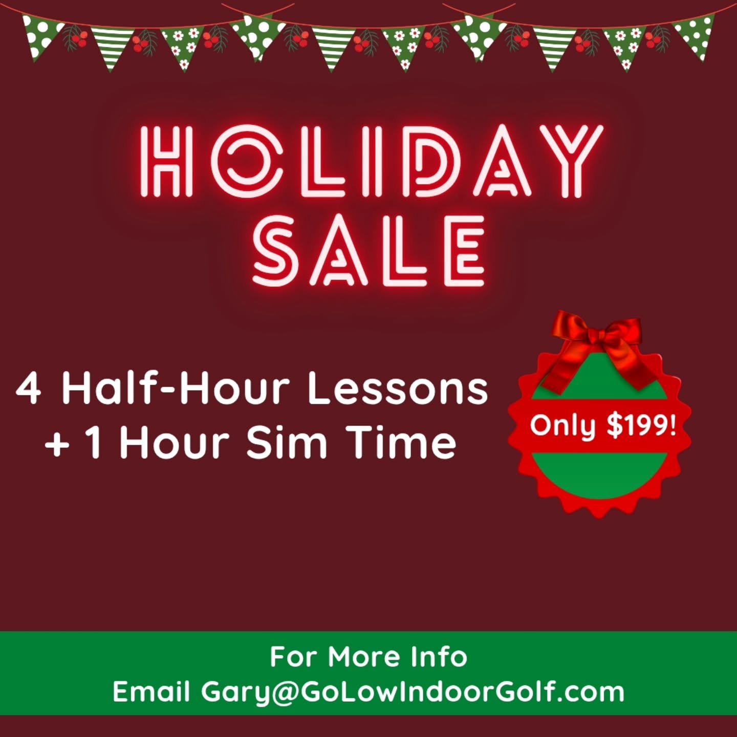 Give the gift of better golf this holiday! 🎄⛳️
Our Holiday Special saves you over $150 &mdash; 4 half-hour lessons + 1 hour of sim time for only $199!
Available now through the end of the year. 🎁
