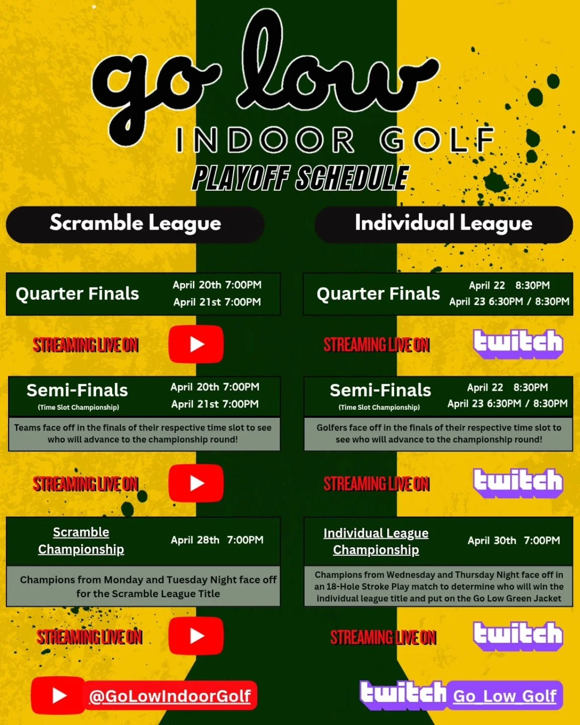 The playoffs are underway! Come by in person or tune in live to see who advances!