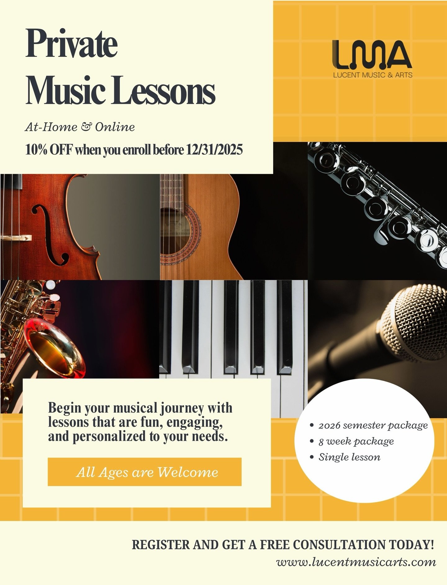 Start your musical journey with the best teachers in NYC this 2026 Semester! 🎶🎄
🎁 Don't miss our Holiday Special: 10% OFF your program + a free 10-min consultation (until 12/31). 

✨Secure your spot today via our website or the link in bio! Group 