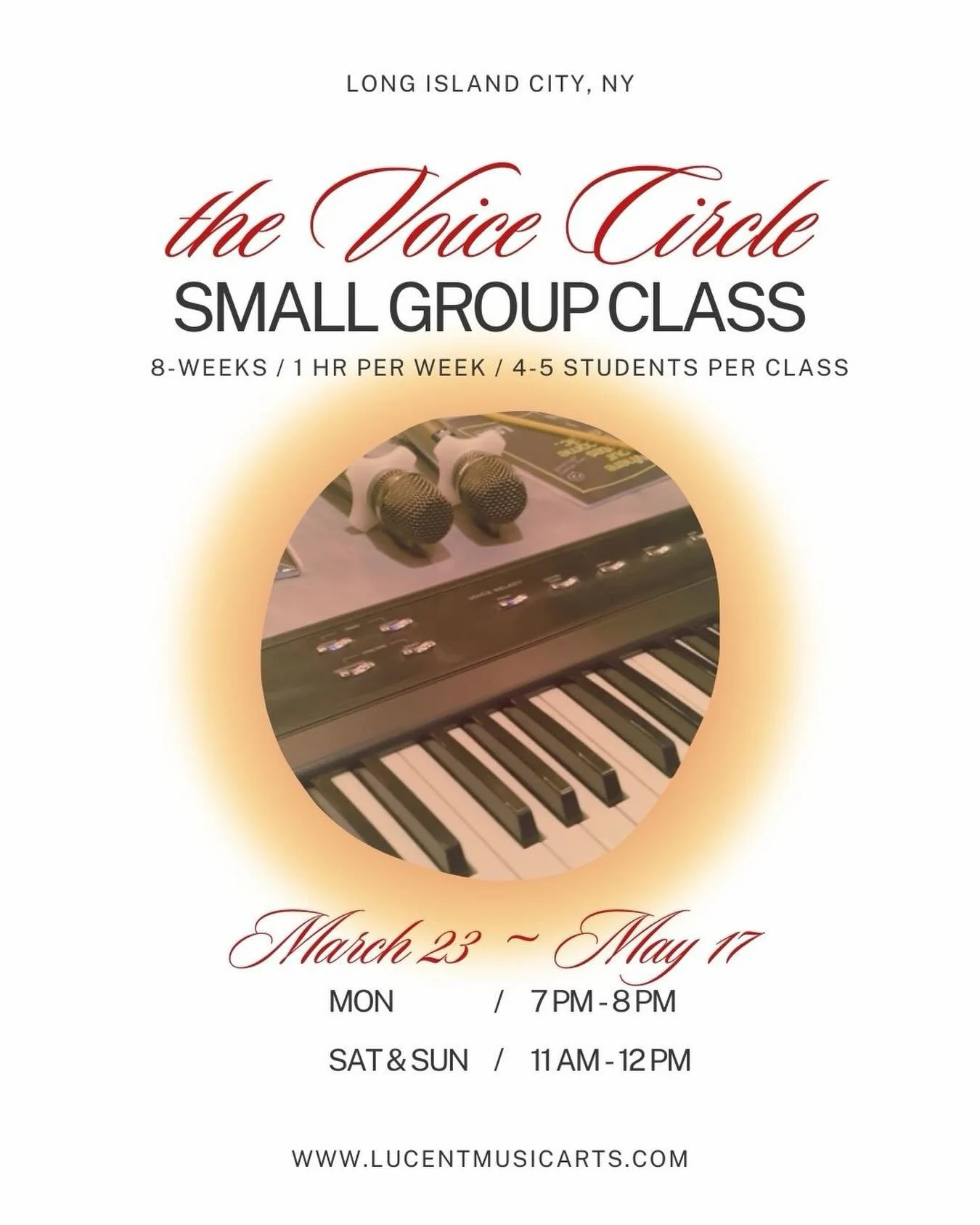 The Voice Circle Small Group Class 🎤🎤 

🎵 8 weeks course
🎵 1hr per session
🎵 4-5 students per class
📆 March 23-May 17

Register now!

#voice #music #voicelessons #groupclass #singing