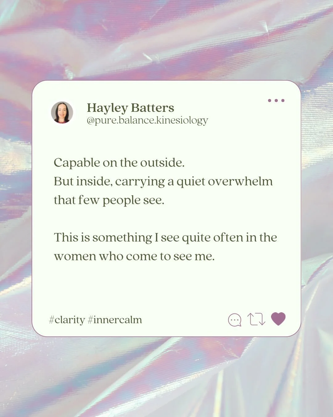 Something I see quite often in practice is women who appear very capable on the outside, yet internally their body has been carrying quite a lot for some time.

Responsibilities, emotional awareness, the pace of life &mdash; it can all accumulate.

O