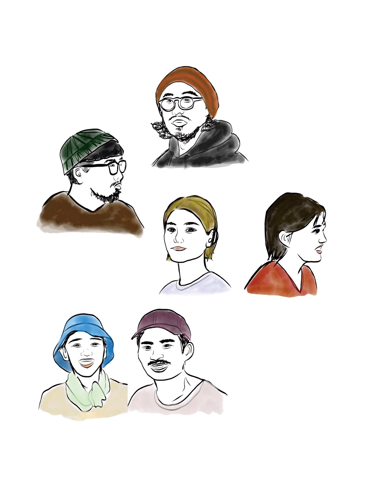 多人数のイラストのポートレート、背景は白色。上段に3人、中央に1人、下段に2人の人物が描かれている。