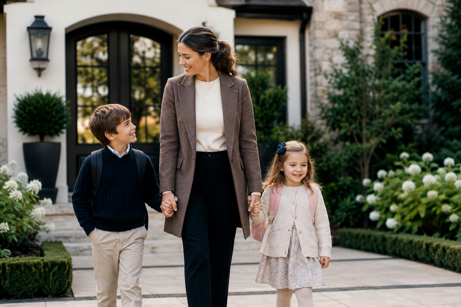 Professional ROTA nanny providing attentive childcare for two children outside an upscale family home.