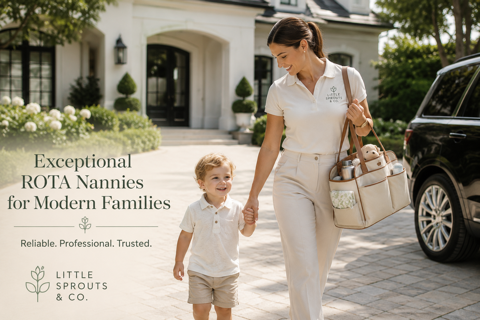 Professional ROTA nanny wearing a Little Sprouts & Co. polo walking with a toddler outside a luxury California home, providing reliable and personalized childcare support for busy families.