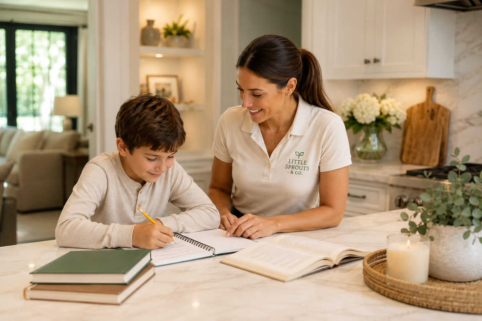 Experienced ROTA nanny helping a child with schoolwork in an upscale Bay Area home, representing the high standards and educational support offered by Little Sprouts & Co.