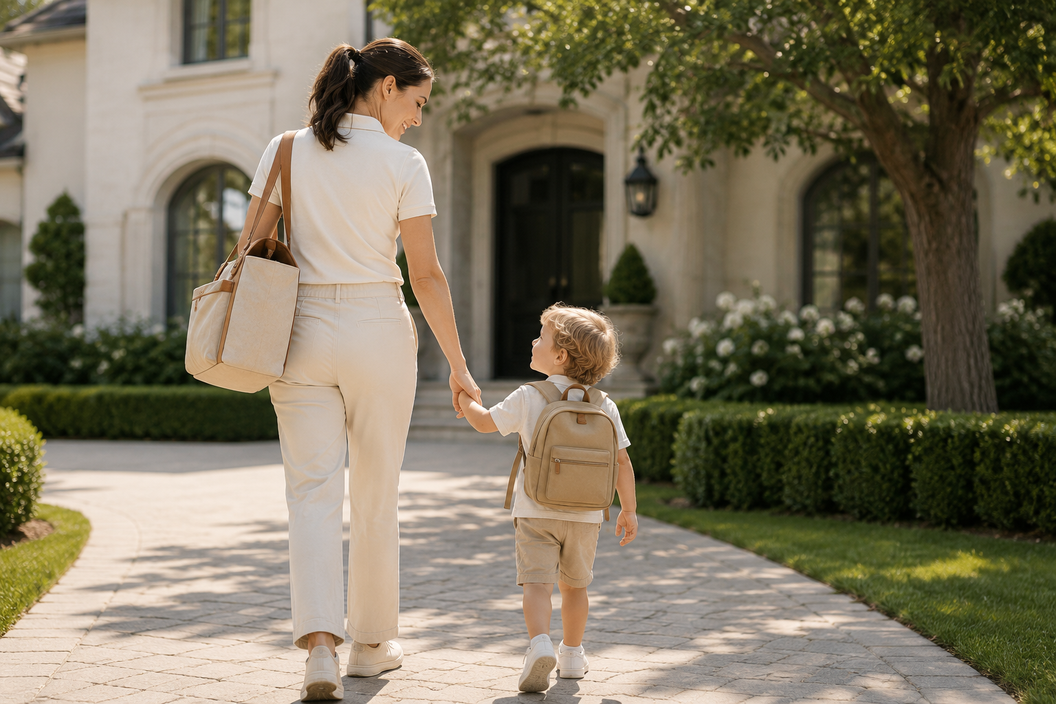 Experienced ROTA nanny caring for a child outside an upscale Bay Area residence, representing professional rotational nanny services for high-net-worth and executive families.