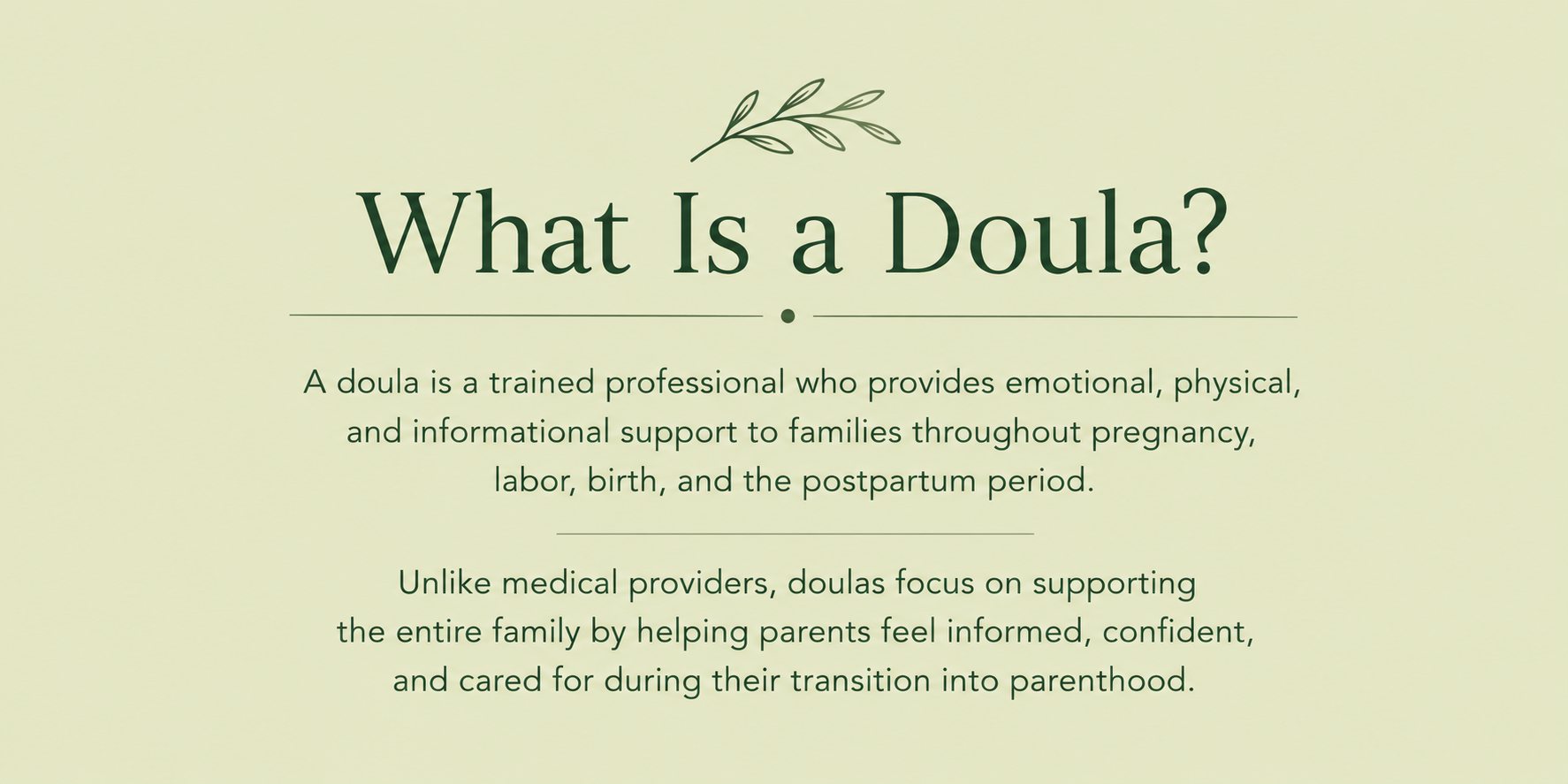 What is a doula informational graphic explaining birth doula and postpartum doula support services for families during pregnancy, labor, birth, and the postpartum period.