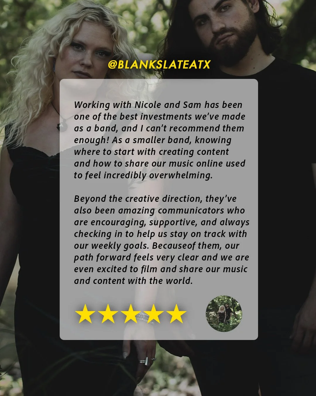 A man and woman standing outdoors in a wooded area, with a text overlay expressing positive feedback about working with Nicole and Sam, accompanied by a five-star rating and a small circular profile picture of the two individuals.
