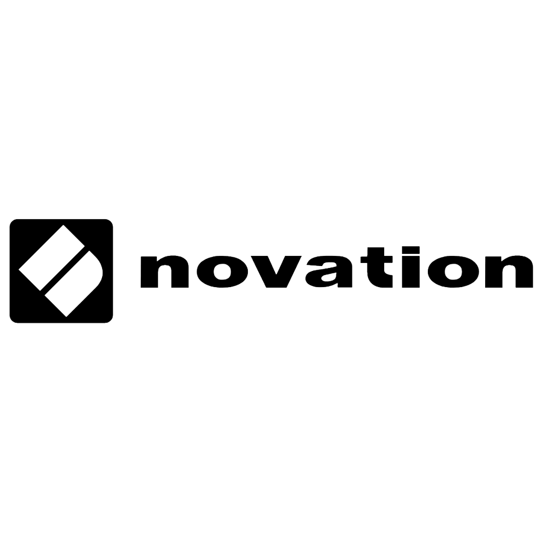 Black and white logo with an icon of two diagonal rectangles and the word 'novation' in bold lowercase letters.