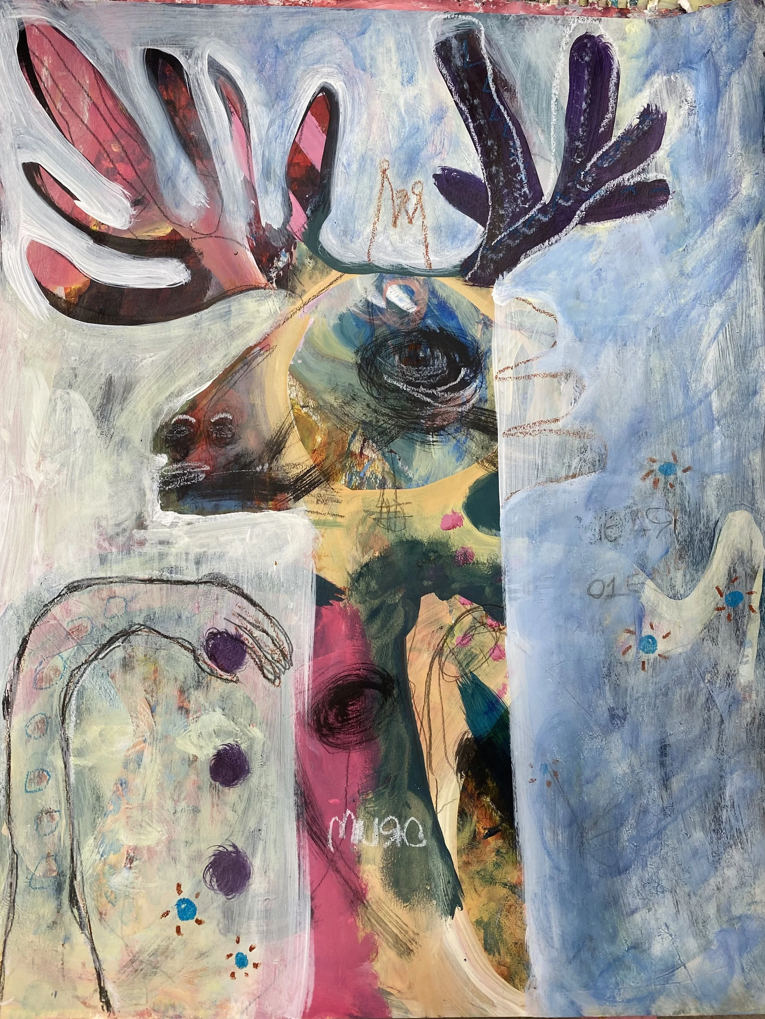 Abstract, mixed media painting featuring a whimsical deer, surrounded by colorful shapes, hands, and various doodles, with prominent use of blue, purple, pink, and green hues.